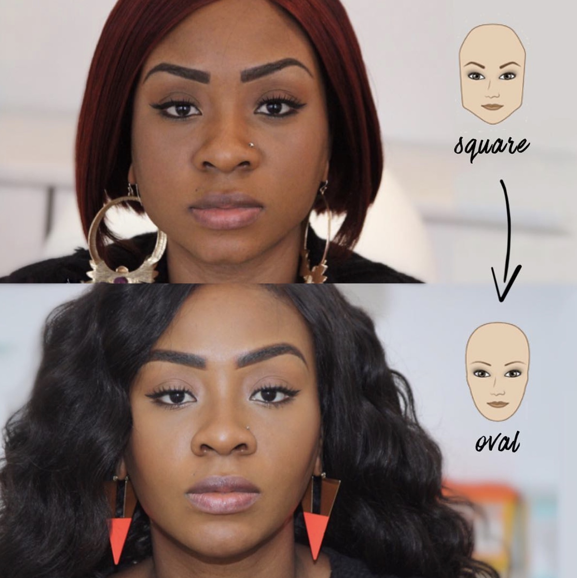 Face shape transformation showing square to oval facial contouring results